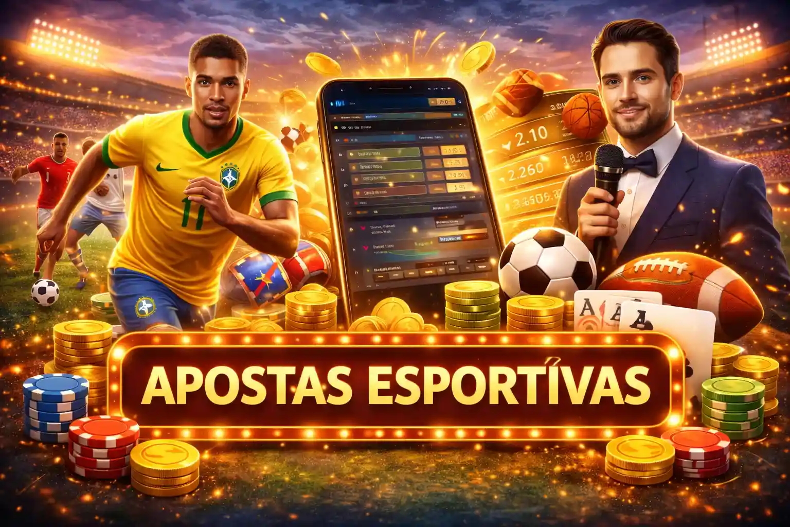 Jogador de futebol, aplicativo de apostas e moedas em estádio lotado