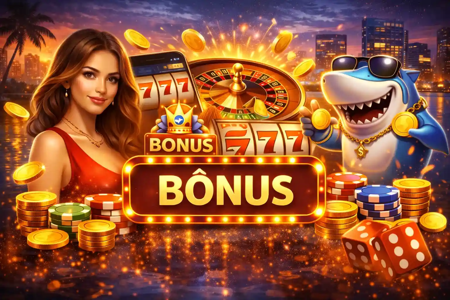 Bônus de cassino com slot 777, moedas, fichas e personagem animado