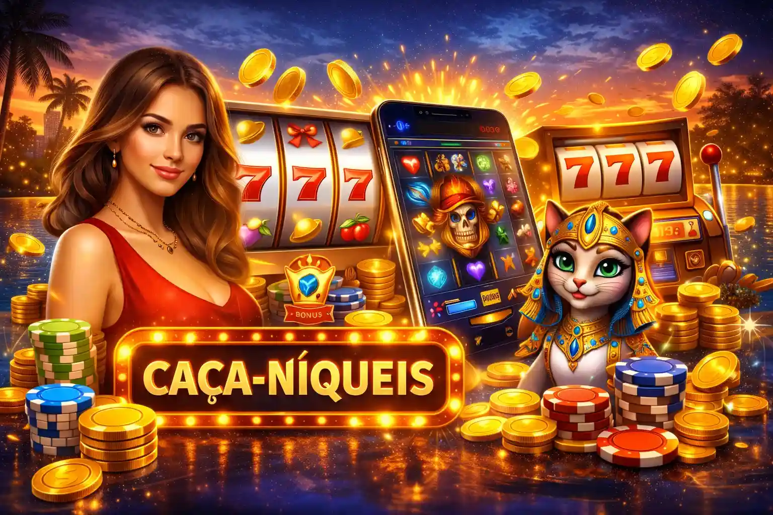 Slots coloridos no celular com símbolos, moedas e cenário noturno