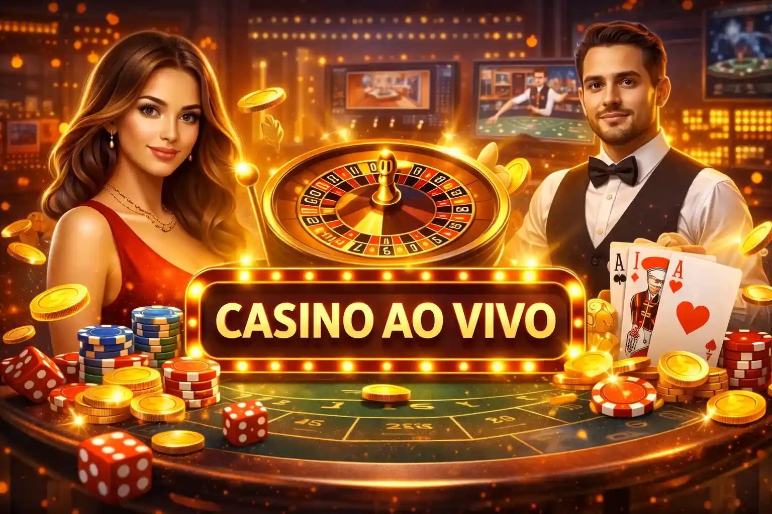 Dealer ao vivo com roleta, cartas e fichas em mesa iluminada