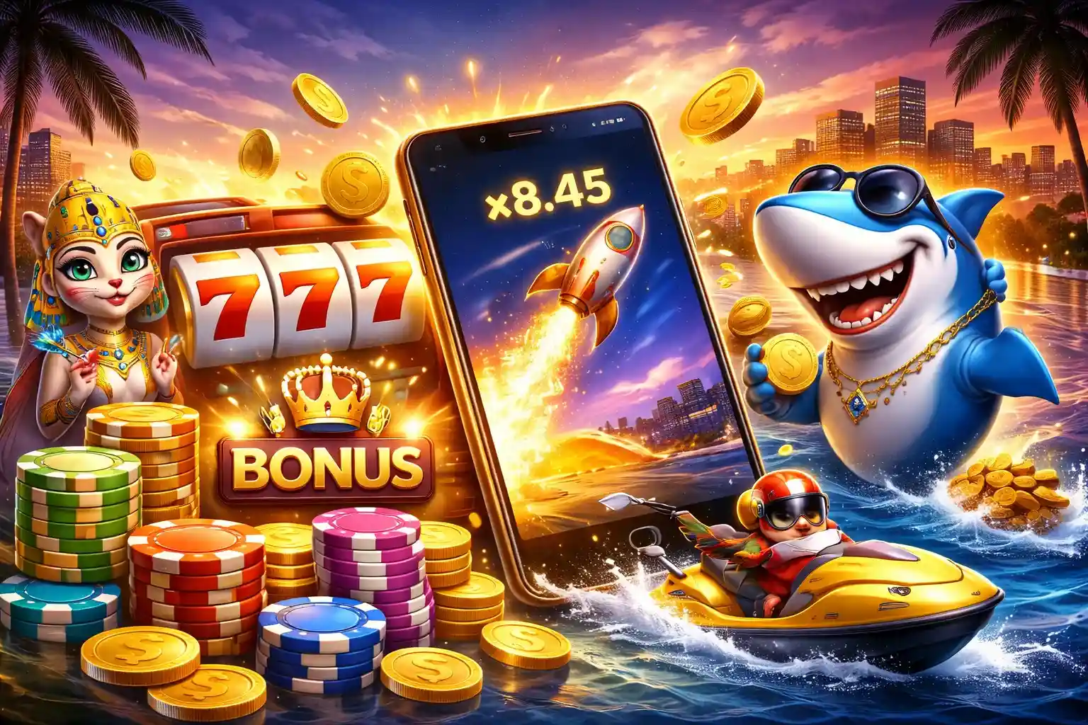 Personagens animados, bônus 777 e jogos mobile com moedas douradas