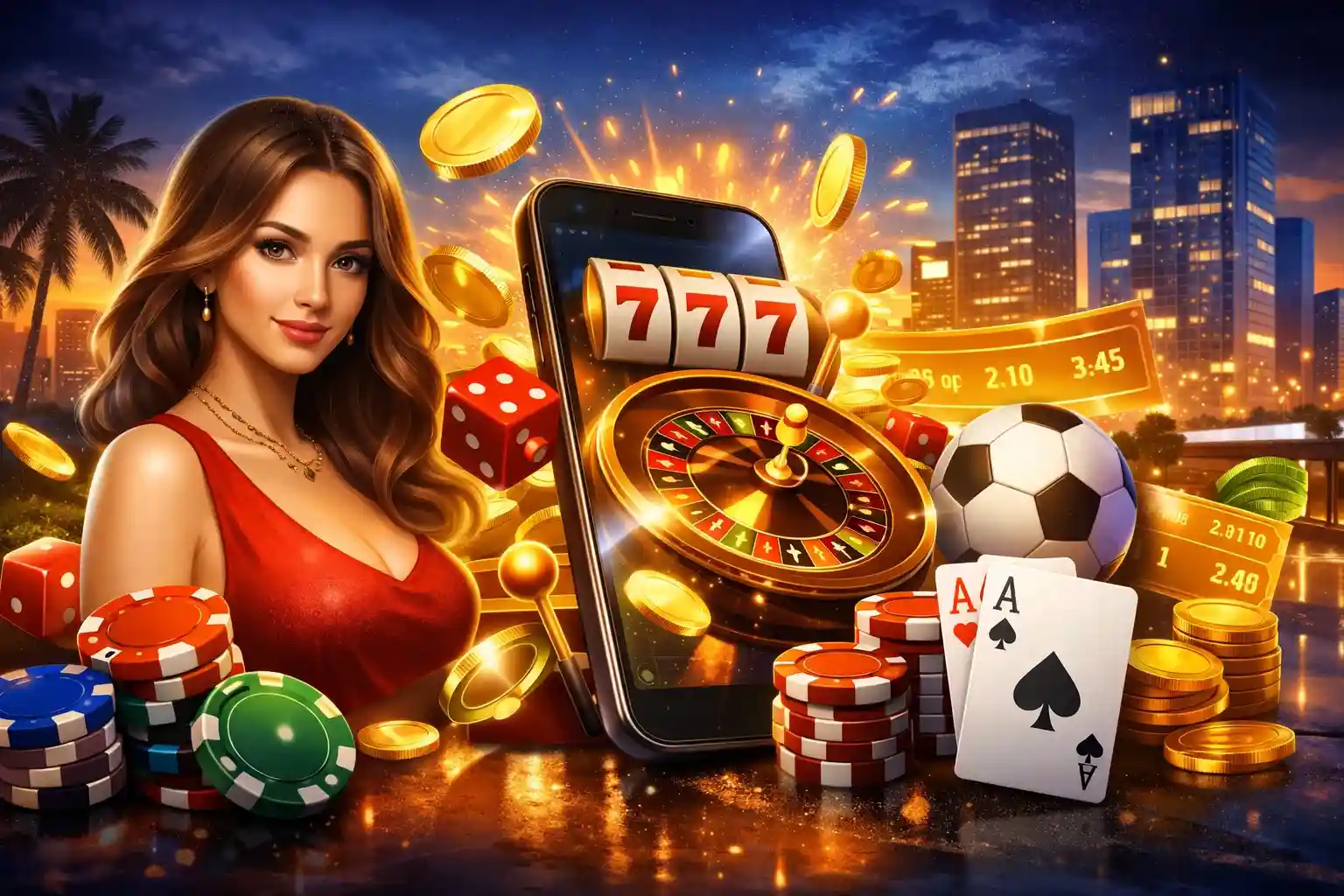 Mulher elegante com roleta, slot 777 e moedas em cassino online