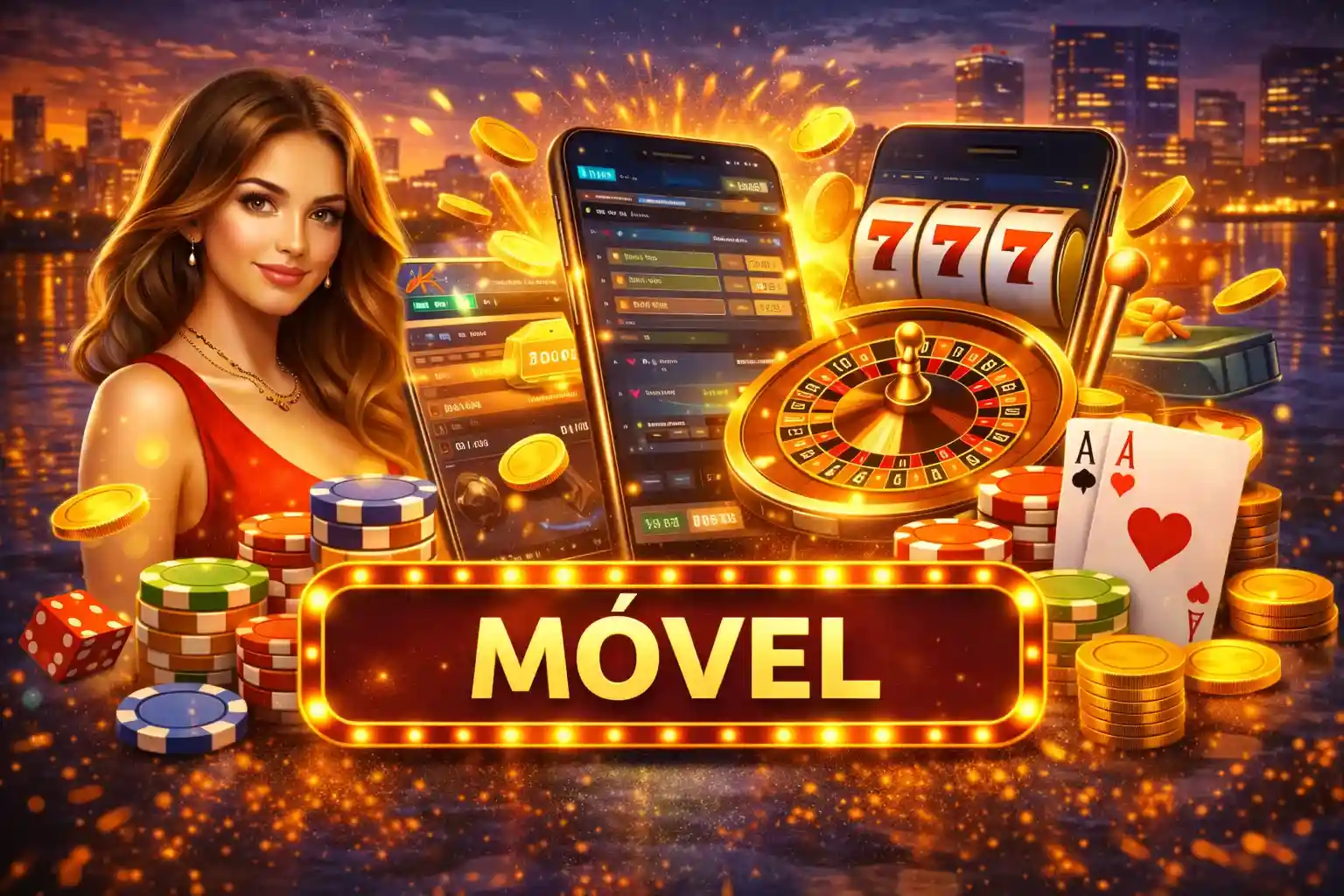 Aplicativo de cassino móvel com roleta, slots e pilhas de moedas